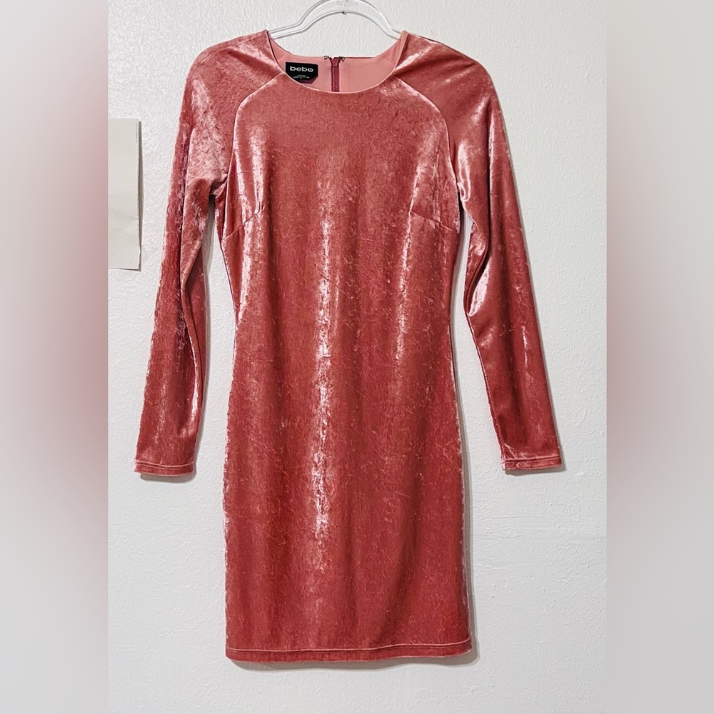 Bebe Pink Bodycon Dress Long Sleeve Crew Neck With Ribbon Overlay Zipper